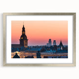 Extra large abstract art print of a European scenery in Latvia, featuring textured grays and blues on a silver-framed canvas.
