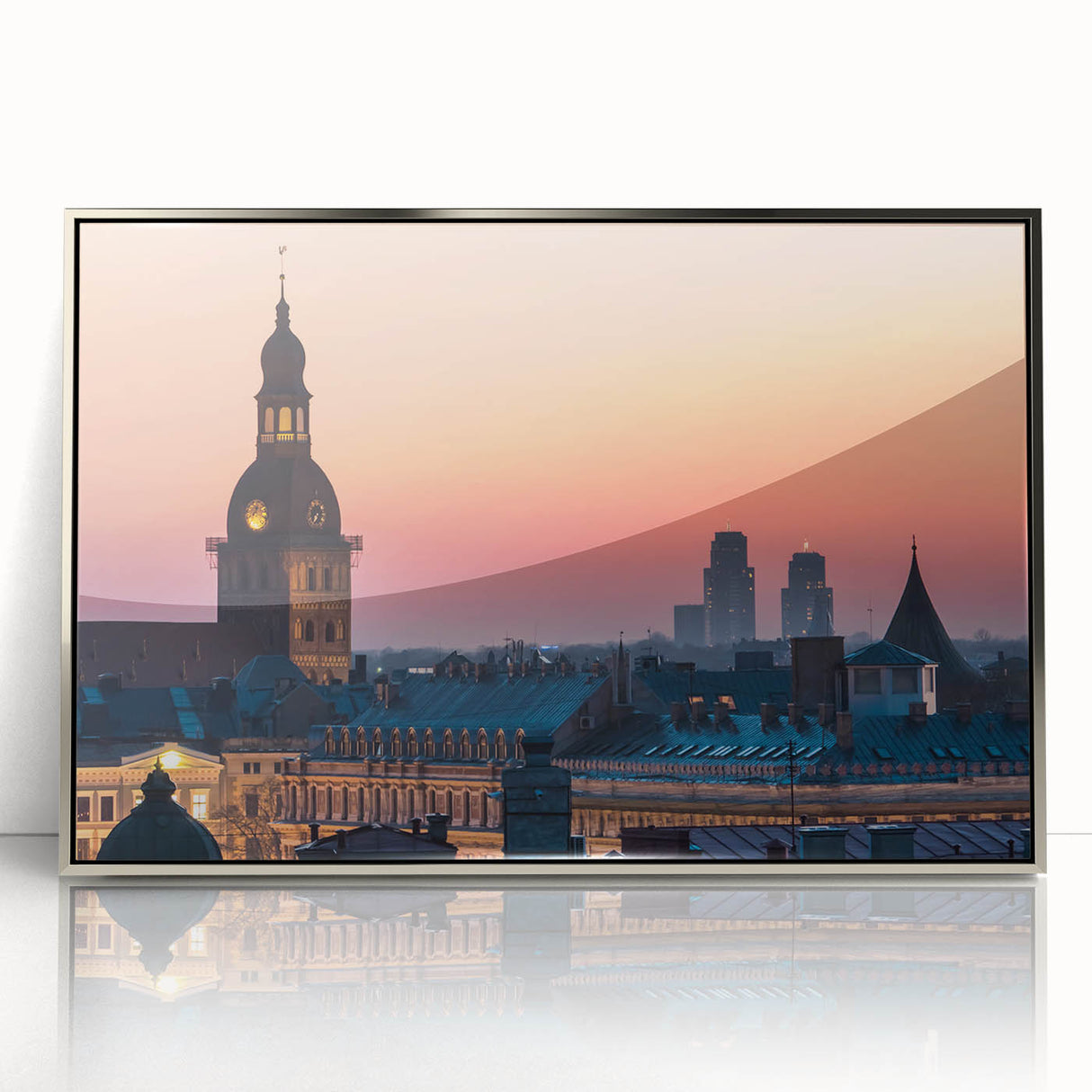 Large art print of a serene Latvian landscape, in muted green and blue tones on a silver-framed acrylic.