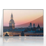 Mid-century modernist art depicting a serene Latvian landscape in muted green and blue tones, framed acrylic.