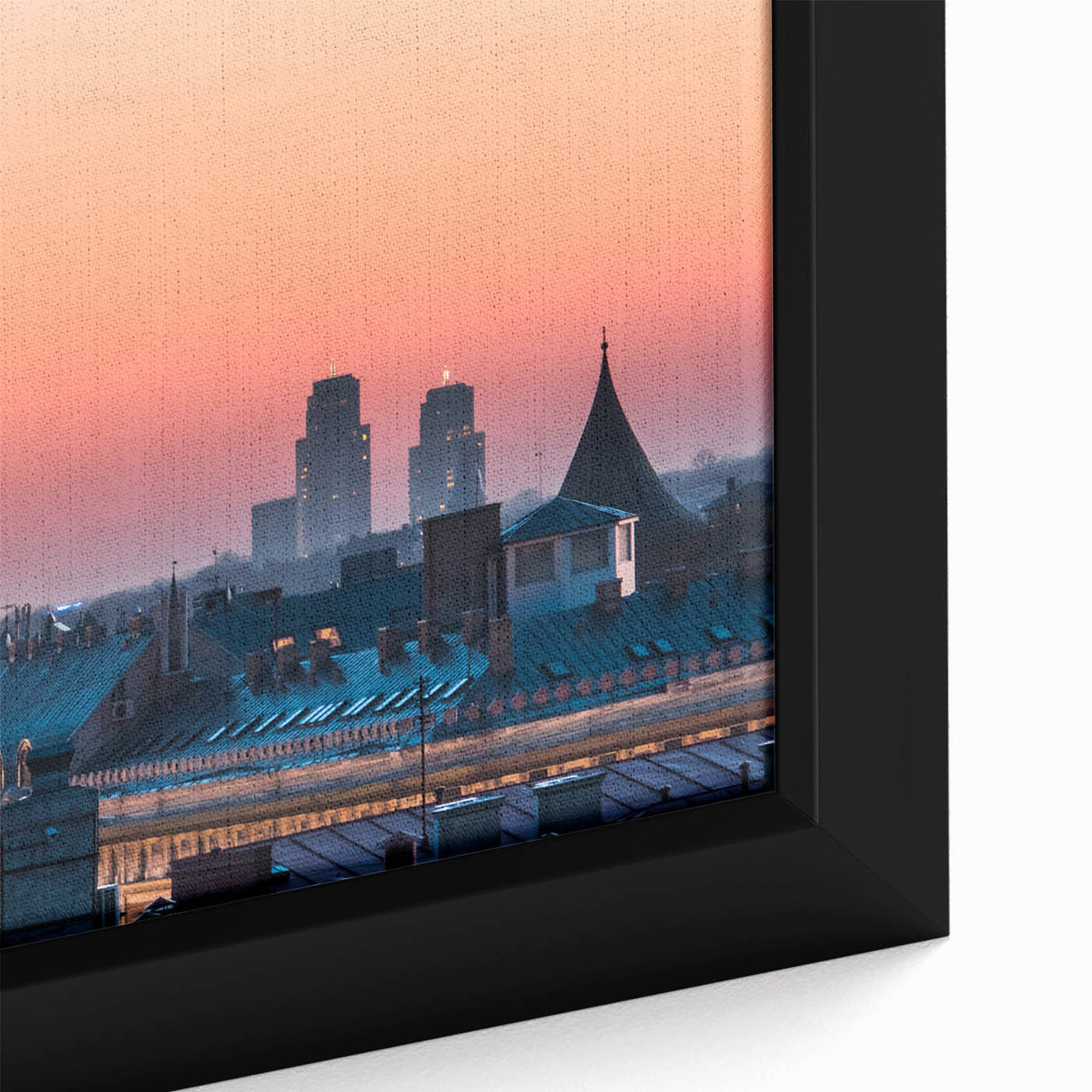Extra large framed canvas depicting a textured, colorful European scenery in black, ideal for living room decor.