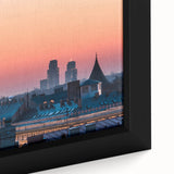 Extra large framed canvas depicting a textured, colorful European scenery in black, ideal for living room decor.