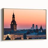 Framed canvas of a vintage European landscape in muted gold and black tones, ideal for bedroom wall decor.