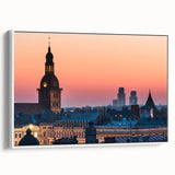 Vintage poster art of a colorful Latvian landscape on extra large framed canvas, ideal for living room decor.