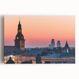 Black and white photo of a European cityscape on stretched canvas, ideal for kitchen wall art.