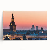 Black and white stretched canvas of a European cityscape, ideal for kitchen wall art.