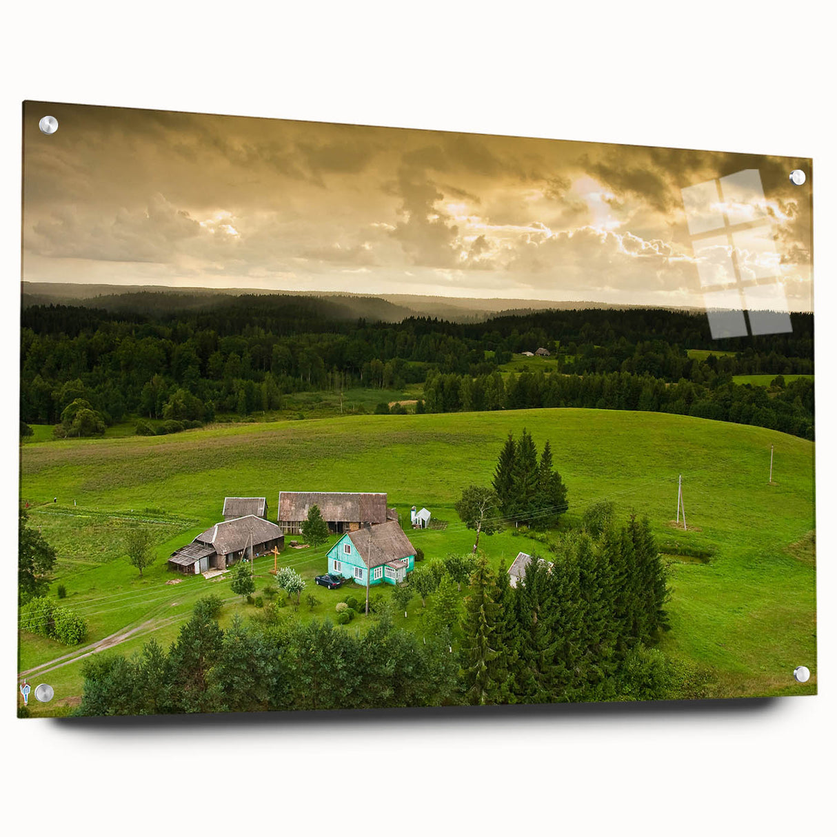 Acrylic print of a Lithuanian landscape with muted green and blue tones, suitable for bedroom or dining room decor.