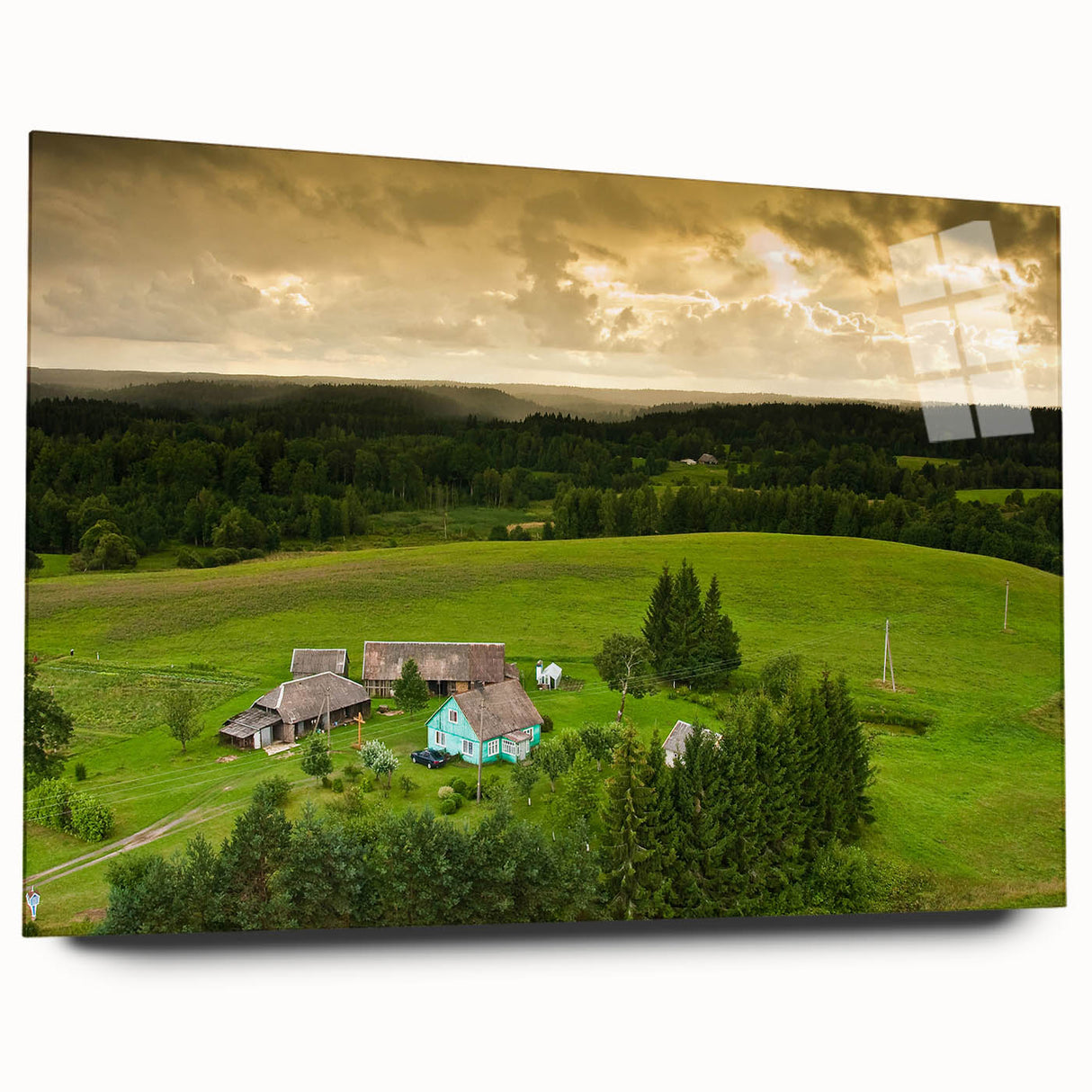 Large abstract wall art of a European scenery in muted earth tones on acrylic glass.