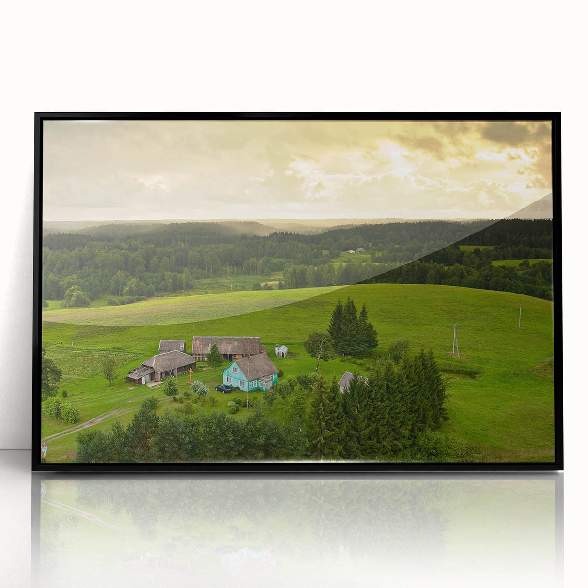 Large abstract wall art featuring a minimalist Lithuanian landscape in muted earth tones on a framed acrylic print.