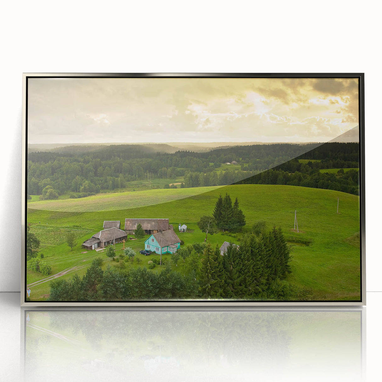 Mid-century modernist style large art print of a Lithuanian landscape in muted green and blue tones.