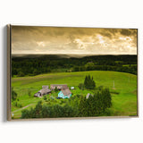 Framed canvas featuring a vintage-style landscape painting of a Lithuanian scenery in muted earth tones.