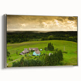 Framed canvas landscape painting of a Lithuanian scenery in vibrant colors on a black background.