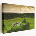 Side view of a stretched canvas depicting a serene Lithuanian landscape in muted green and blue tones.