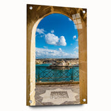 Acrylic print of a European Malta scenery in vibrant blue and white tones, suitable for dining room decor.