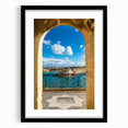 Extra large abstract art print of a colorful Malta scenery in vibrant hues, framed in black, ideal for living room decor.