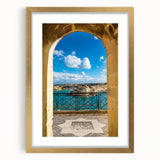 Abstract art print of a European Malta scenery in muted earth tones, framed in gold, ideal for dining room decor.