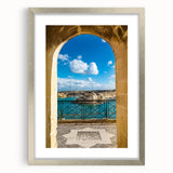 Extra large abstract art print of a European Malta scenery in muted earth tones on a framed canvas.