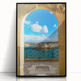 Large abstract wall art depicting a European Malta scenery in mid-century modernist style, framed in black acrylic.