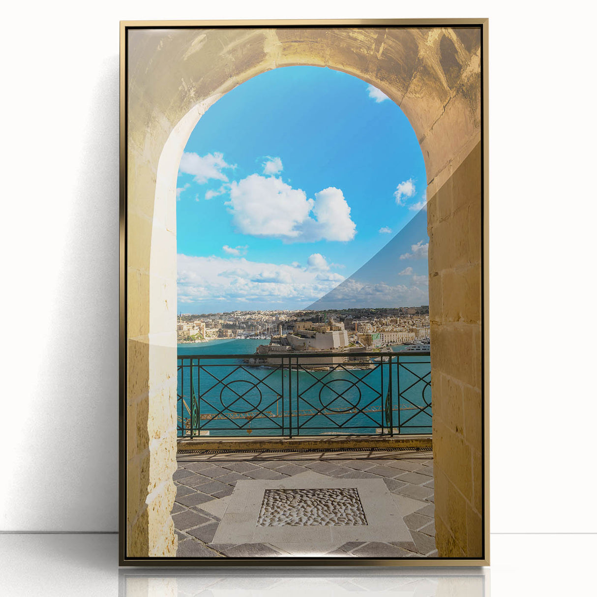 Art deco poster of Malta scenery in gold frame, acrylic print, ideal for modern art wall decor in a nursery.
