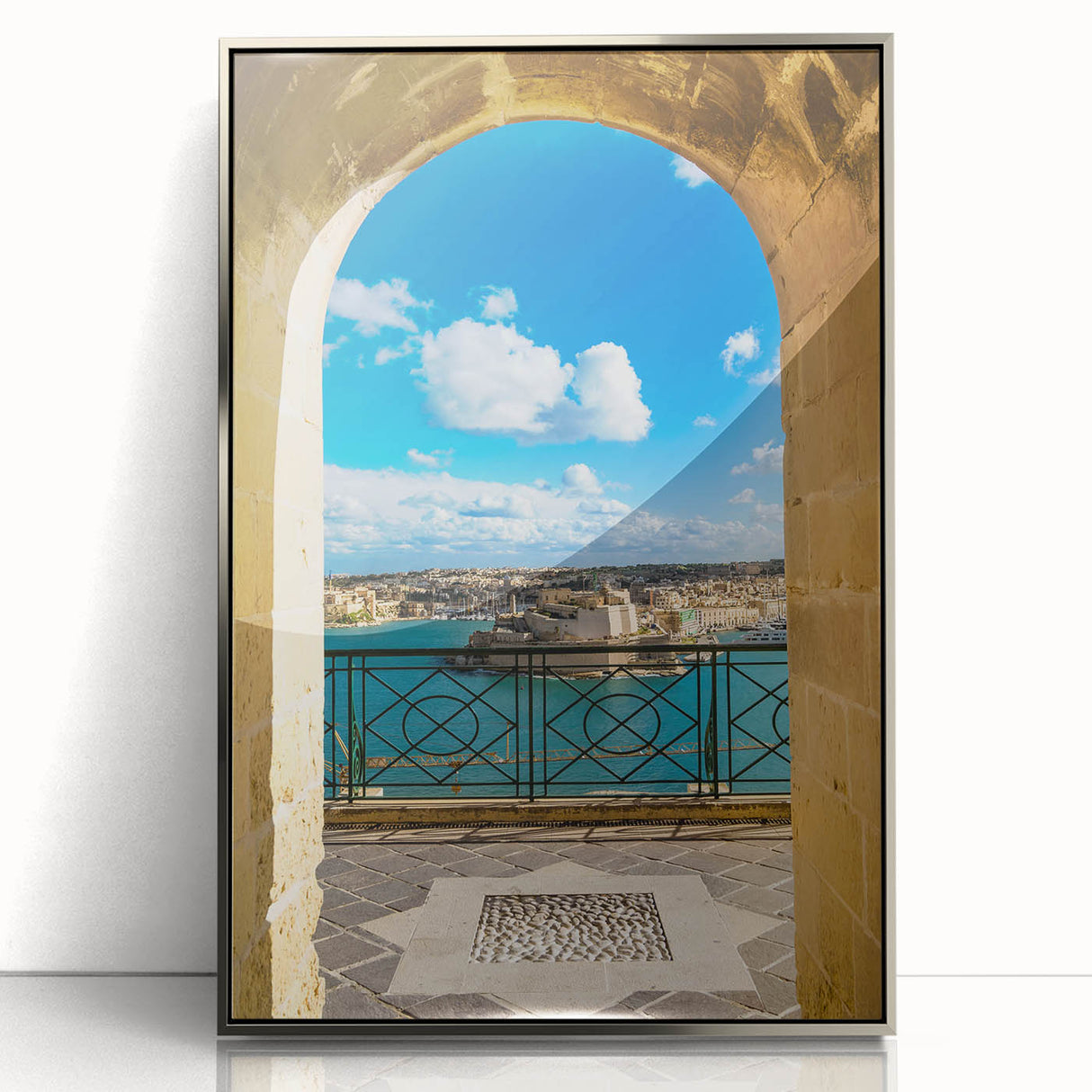 Large acrylic print of a European Malta scenery in muted earth tones, framed in silver, suitable for modern art wall decor.