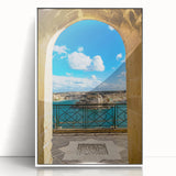 Mid-century modernist art depicting a scenic Malta view in muted earth tones on a framed acrylic.