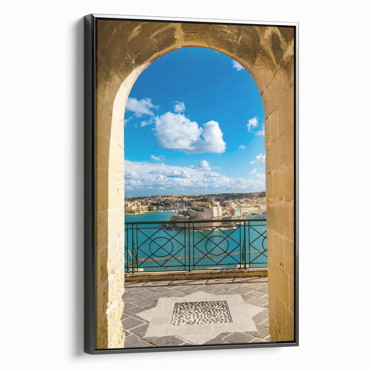 Black and white vintage poster art of a European Malta landscape on framed canvas, suitable for bedroom decor.