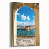 Landscape art painting of Malta on a framed canvas, featuring colorful vintage poster art with black edges.