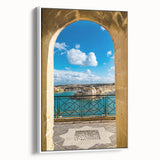 Vintage poster art of a Malta scenery on framed canvas, featuring colorful art in extra large size.