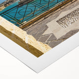 Art deco poster featuring the Malta coastline in soft blue and white hues on rolled canvas, suitable for dining room decor.