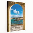 Large art depicting a serene Malta coastline in soft blue and white tones on stretched canvas, suitable for kitchen wall art.
