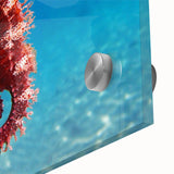 Large abstract wall art of the Mediterranean Sea in muted blue and teal, acrylic glass, ideal for dining room ambiance.