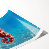 Extra large wall art of line art flowers over a Mediterranean sea backdrop, in pastel shades.