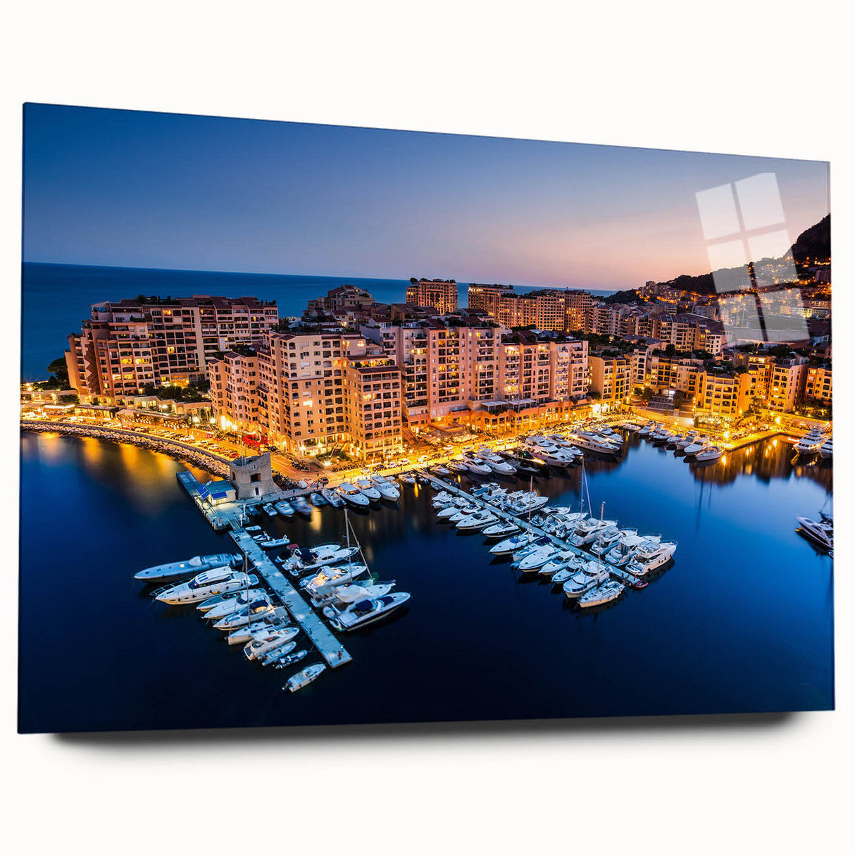 Large abstract depiction of Monaco scenery in muted blue and gray tones on acrylic glass.