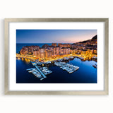 Extra large abstract art print of Monaco scenery in silver frame, featuring textured design with vibrant blue and gray tones.