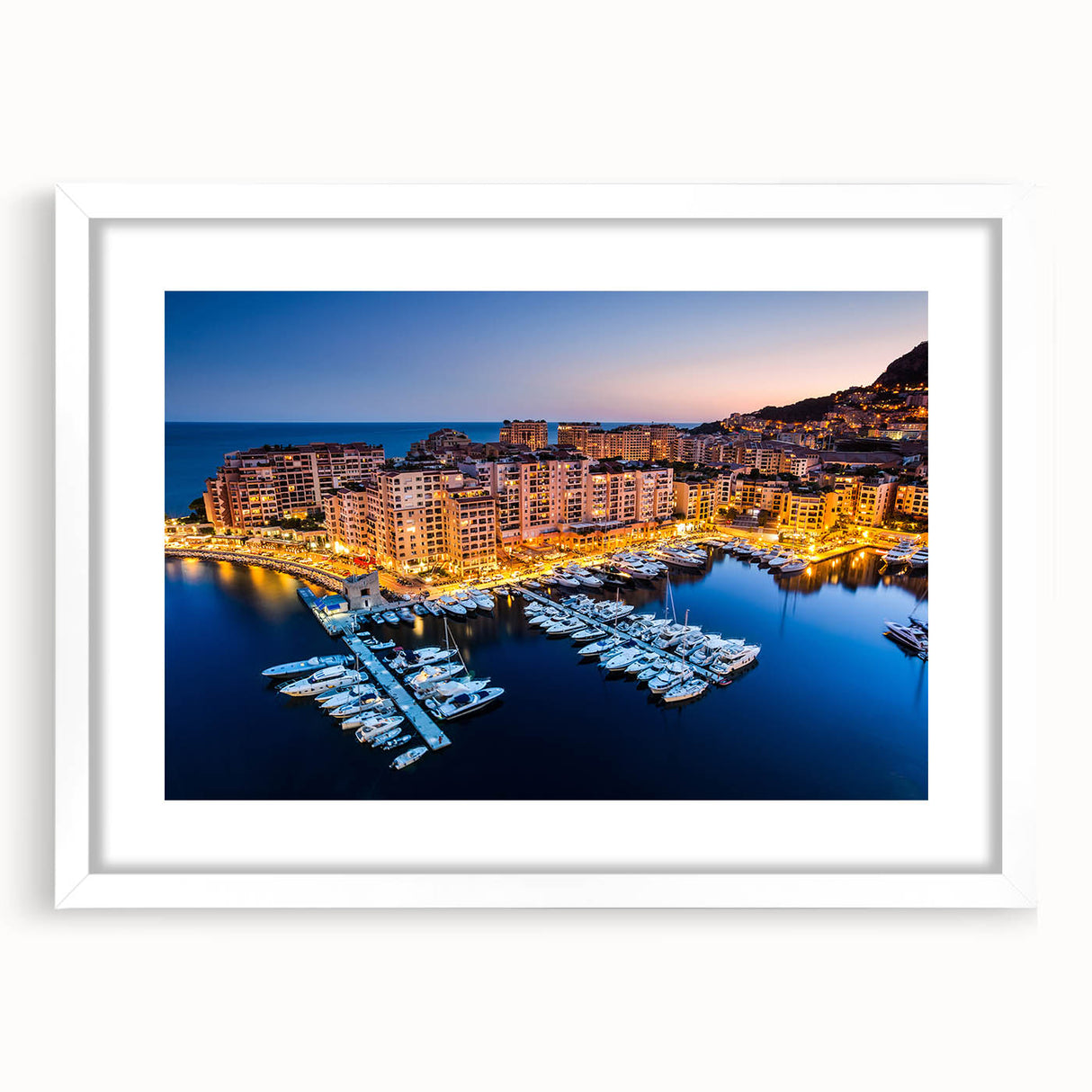 Textured abstract art print of Monaco scenery in muted blue and gray tones on a framed white mat, ideal for bedroom art.