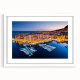 Textured abstract art print of Monaco scenery in muted blue and gray tones on a framed white mat, ideal for bedroom art.