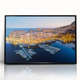 Large abstract wall art depicting a vibrant Monaco scenery in bold colors, framed in black acrylic.