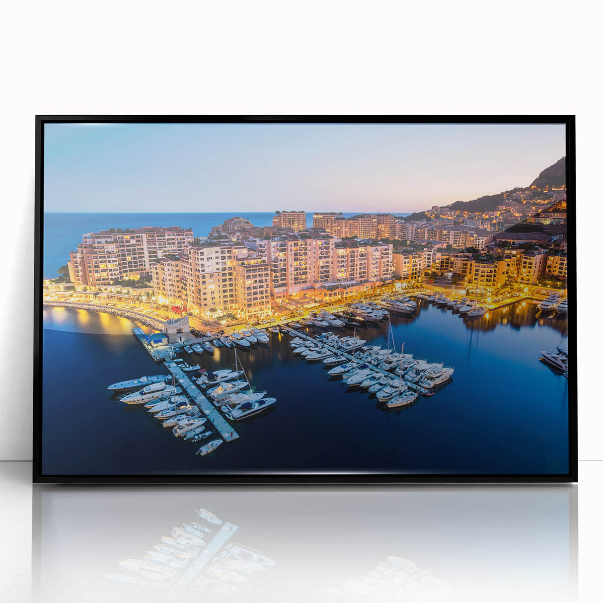Large abstract wall art depicting a vibrant Monaco scenery in bold colors, framed in black acrylic.