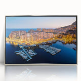 Large art print of Monaco scenery in silver frame, acrylic, with mid-century modernist style, ideal for modern decor.
