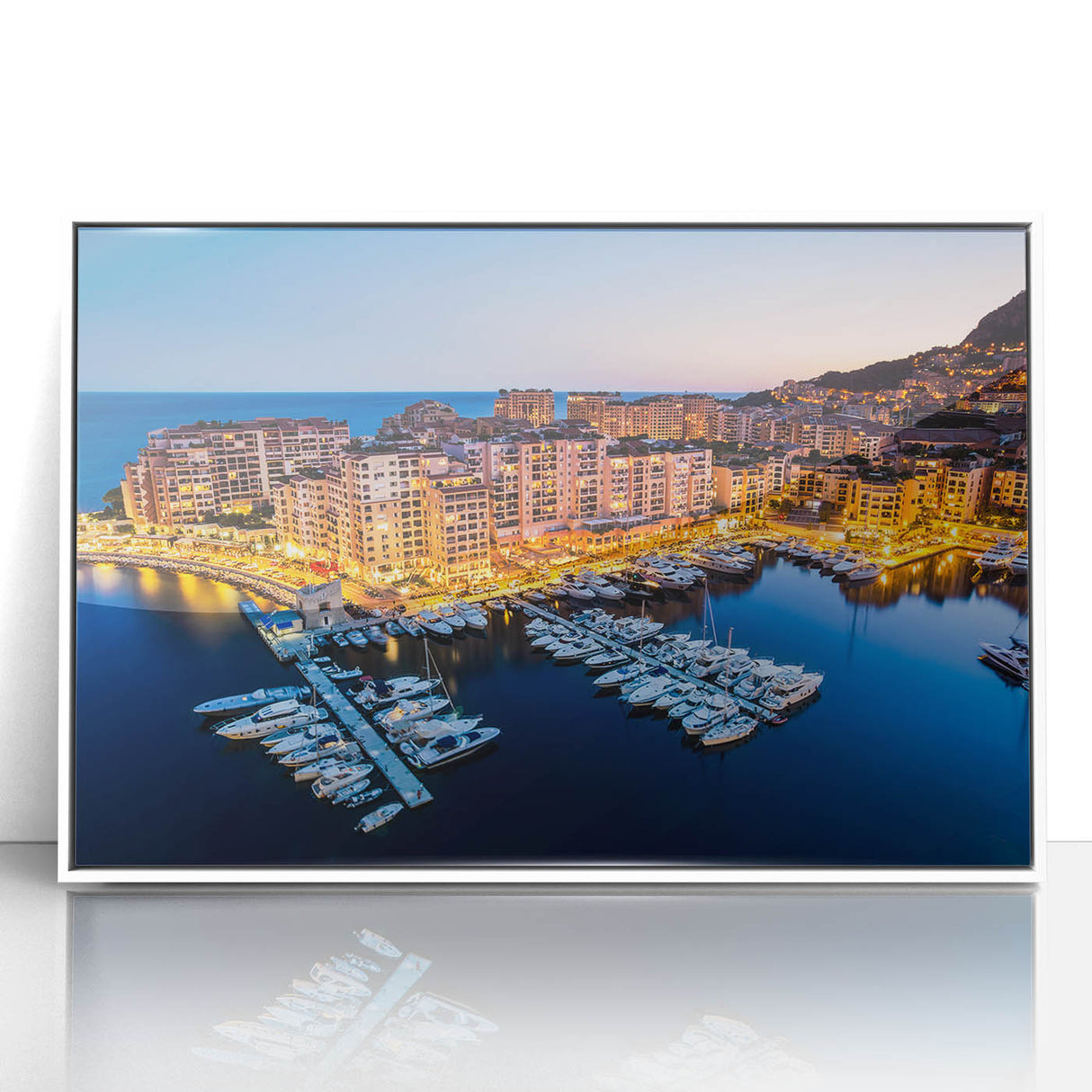 Art Deco style poster of Monaco scenery in muted pastel colors, framed acrylic, ideal for modern nursery wall art.