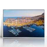 Art Deco style poster of Monaco scenery in muted pastel colors, framed acrylic, ideal for modern nursery wall art.