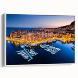 Vintage poster art of Monaco scenery on extra large framed canvas, featuring colorful art on a black background.