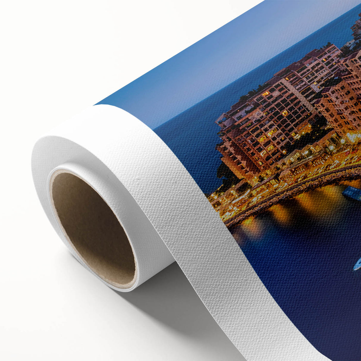 Art Deco style poster of Monaco scenery in muted blue and cream tones on rolled canvas, ideal for nursery wall art.