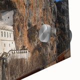 Large abstract wall art depicting Montenegro scenery in muted earth tones on acrylic glass.