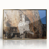 Art deco poster of Montenegro scenery in gold frame, acrylic print, ideal for modern art wall decor in nurseries.