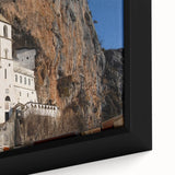 Extra large framed canvas featuring a colorful, textured Montenegro scenery in black, ideal for living room decor.