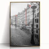 Art deco poster of Amsterdam scenery in muted gold and blue tones on framed acrylic, ideal for modern art wall decor.