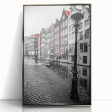 Framed acrylic print of Amsterdam scenery, featuring mid-century modernist style in muted colors.