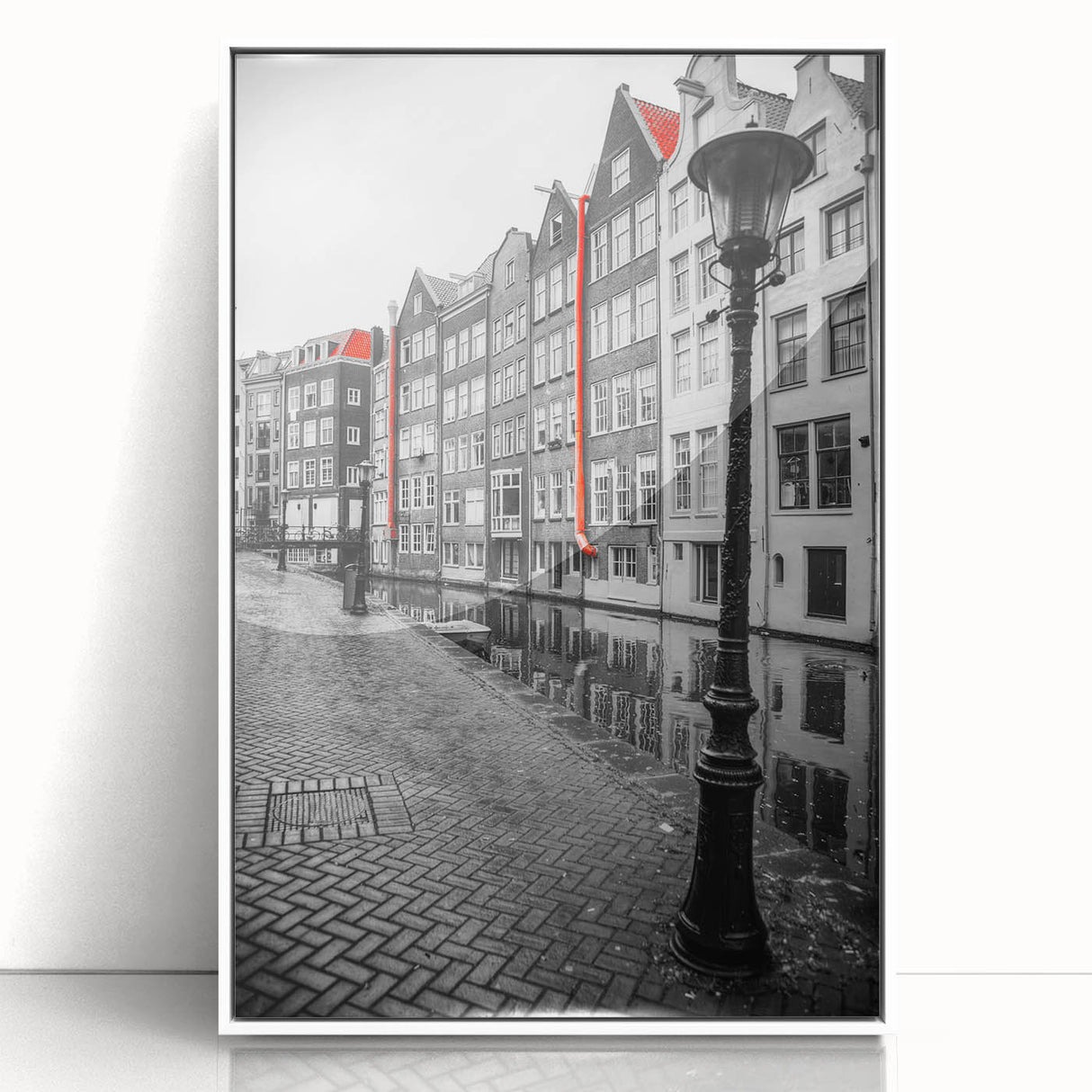 Mid-century modernist art depicting Amsterdam scenery in muted earth tones, acrylic framed, ideal for nursery wall decor.
