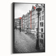 Black and white framed canvas of Amsterdam landscape in vintage poster style, ideal for bedroom decor.