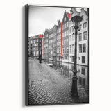 Black and white framed canvas of Amsterdam landscape in vintage poster style, ideal for bedroom decor.